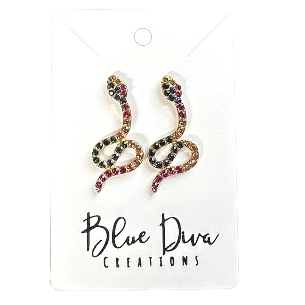 GOLD Rhinestone Crystal Snake Post Earrings - Picture 6 of 8